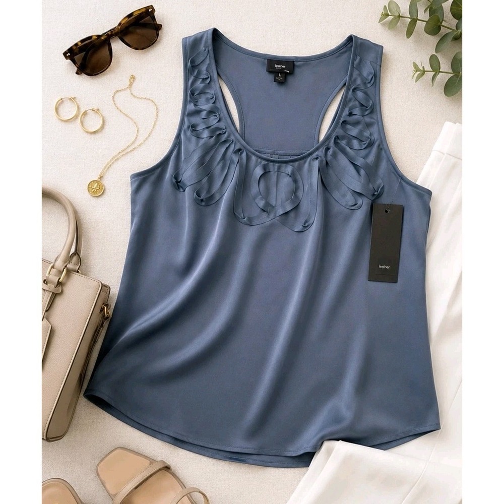 NWT Women's Large Satin Shell Tank Blue Sleeveless Blouse Career Office Top
